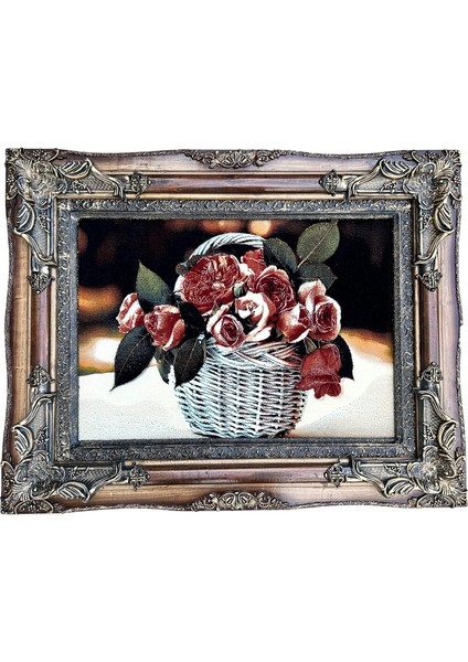 Sepetteki Gül Adlı Iran Tebriz Halı Tablo 95X75CM - Duvar Halı Kilim Tablo