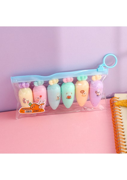 Mini Havuç Fosforlu Kalem Seti 6 Pastel Renk