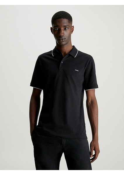 Erkek Pamuklu Logolu Dokuma Kumaş Siyah Polo Yaka T-Shirt K10K112751-BEH