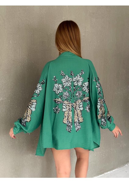 Pul Payet Işlemeli Kimono Gömlek