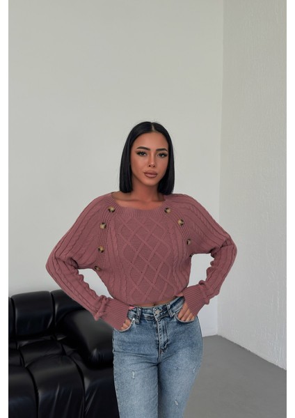 Kayık Yaka Düğme Detaylı Kadın Uzun Tarçın Triko Kazak modelleri