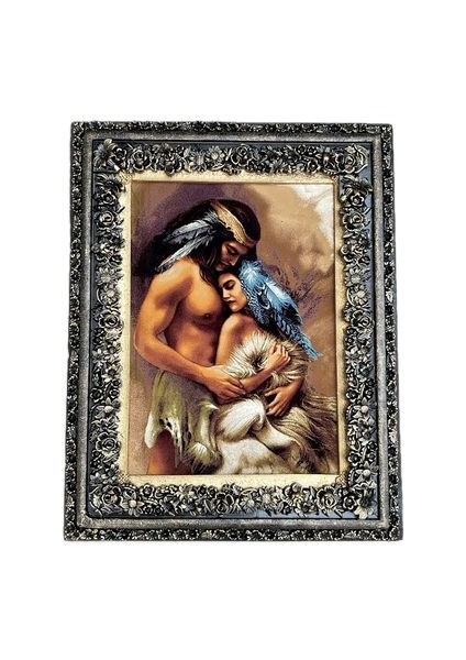 Siyular Kızılderili Aşıklar Adlı Iran Tebriz Halı Tablo 95X75CM - Duvar Halı Kilim Tablo