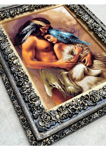 Siyular Kızılderili Aşıklar Adlı Iran Tebriz Halı Tablo 95X75CM - Duvar Halı Kilim Tablo fiyatları