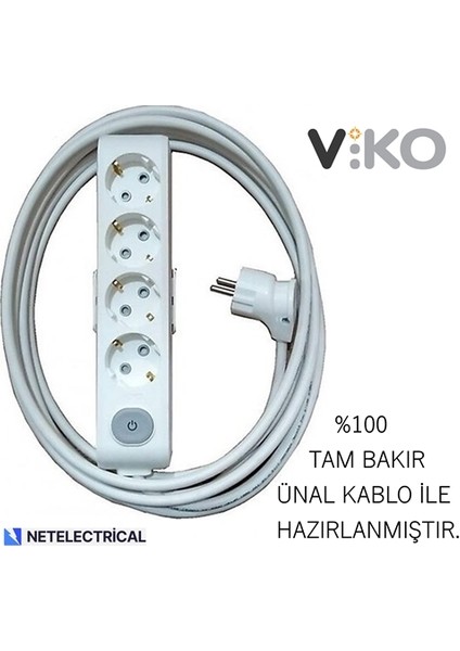 Multi-Let 4'lü Anahtarlı 8 Metre Topraklı Çocuk Korumalı Kablolu Grup Priz