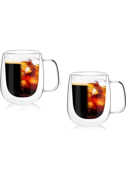 2 Adet Çift Cidarlı 250 ml Kulplu Cam Çay Kahve Süt Kupa, Borosilikat Bardak