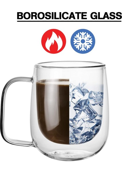 2 Adet Çift Cidarlı 250 ml Kulplu Cam Çay Kahve Süt Kupa, Borosilikat Bardak