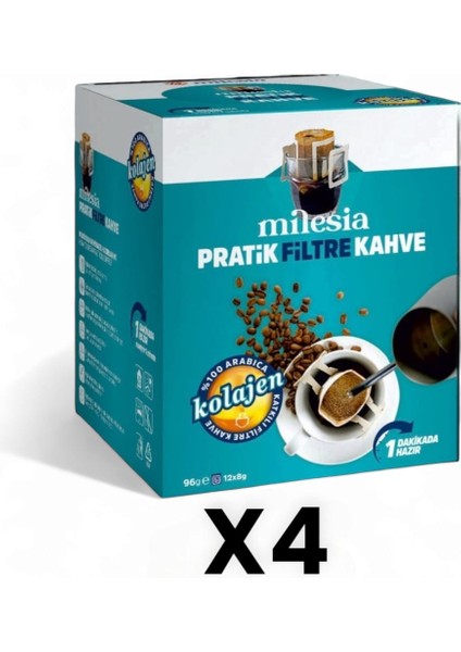 Kolajenli Pratik Filtre Kahve 4'lü Kutu (4X12)X8 gr / Drip Kahve / %100 Arabica