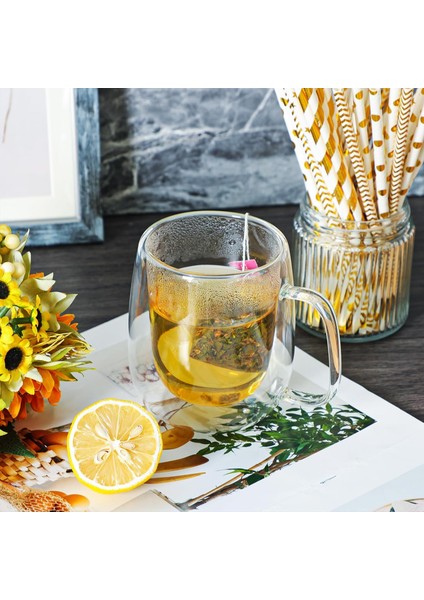 4 Adet Çift Cidarlı 250 ml Kulplu Cam Çay Kahve Süt Kupa, Borosilikat Bardak
