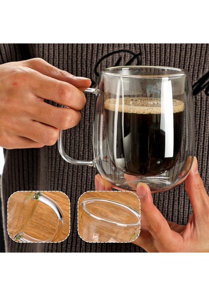 2 Adet Çift Cidarlı 250 ml Kulplu Cam Çay Kahve Süt Kupa, Borosilikat Bardak