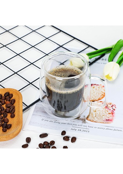 2 Adet Çift Cidarlı 250 ml Kulplu Cam Çay Kahve Süt Kupa, Borosilikat Bardak