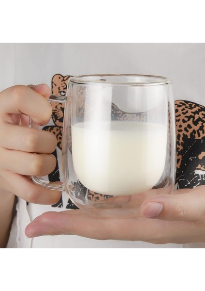 2 Adet Çift Cidarlı 250 ml Kulplu Cam Çay Kahve Süt Kupa, Borosilikat Bardak