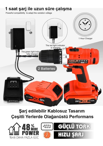 Tekno Trust Germany 58 V 5 Ah Çelik Şanzıman Bakır Sargılı Çift Akülü Şarjlı Matkap Vidalama 24 Parça Set