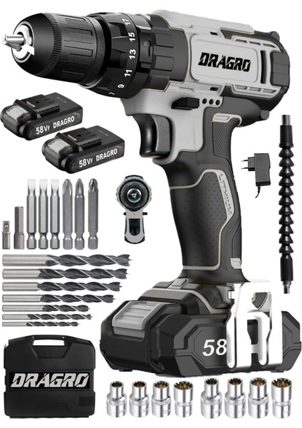Tekno Trust Alman 58 V 5 Ah Darbeli Bakır Sargılı Metal Şanzuman Şarjlı Çift Akülü Vidalama Matkap Greyy