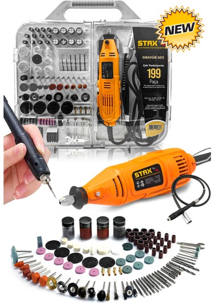 Tekno Trust SUPER199 199 Parça 500W Devir Ayarlı Hobi Gravür Oyma Makinesi Taşlama Zımpara Seti + Şaft Kablosu