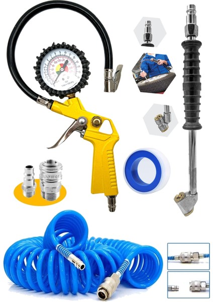 Tekno Trust 220 Psı Saatli Lastik Şişirme Hava Tabancası, Lastik Şişirme ,15MT Spiral Hava Hortumu, Recor Set