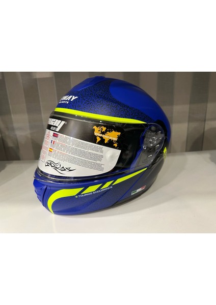 Kask SW-917 Stars Mat Blue/yellow Çene Açılır Güneş Gözlüklü