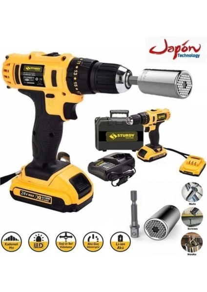 Tekno Trust 24 V 5 A Darbeli Professional Şarjlı Vidalama Matkap + 7 - 19 Çok Amaçlı Lokma Ucu