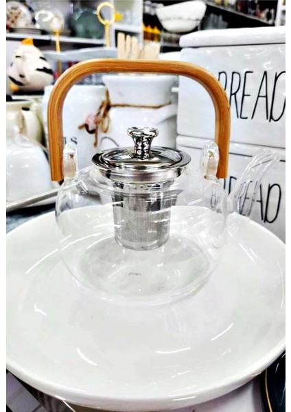 Ateşe Dayanıklı Çelik Süzgeçli Ahşap Saplı Lüx Cam Demlik 800ML-20812