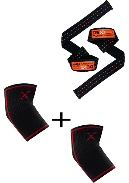 Dex Supports Lasting Energy Fitness Dirseklik Elbow Sleeve+Ağırlık Kaldırma Kayışı Pro Lifting Straps Turuncu 2'li Paket