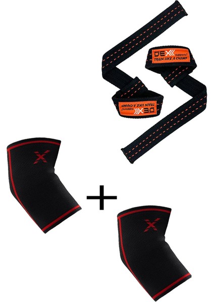 Fitness Dirseklik Elbow Sleeve+Ağırlık Kaldırma Kayışı Pro Lifting Straps Turuncu 2'li Paket