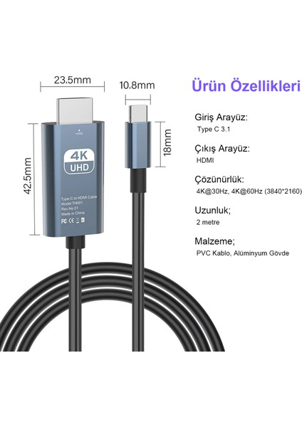 Type C 3.1 To HDMI 4K 60Hz Telefon Macbook Laptop Görüntü Aktarım Kablosu 2 Metre