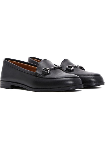 Kadın Siyah Deri Maskülen Loafer