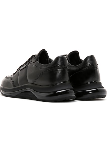 Erkek Siyah Bağcıklı Kalın Tabanlı Deri Casual Sneaker