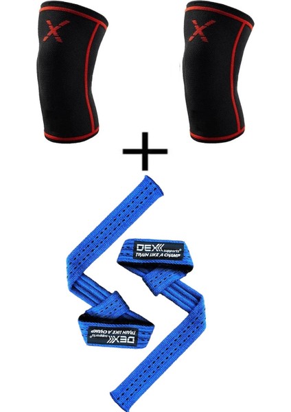 Dex Supports Lasting Energy Ağırlık Kaldırma Kayışı Lifting Straps Pro Mavi+Fitness Sporcu Dizlik Knee Sleeve 2'li Paket