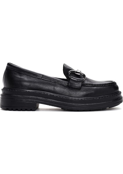 Kadın Siyah Deri Maskülen Loafer