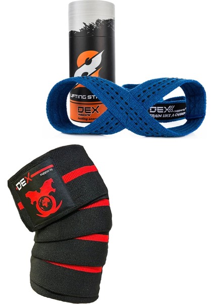 Dex Supports Lasting Energy Fitness Diz Bandajı Dizlik Knee Wraps+Ağırlık Kaldırma Kayışı 8 Loop Lifting Straps Mavi 2'li Paket