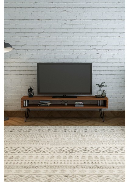 Ağaç Tv Ünitesi Teak Renk Metal Ayaklı 170X35