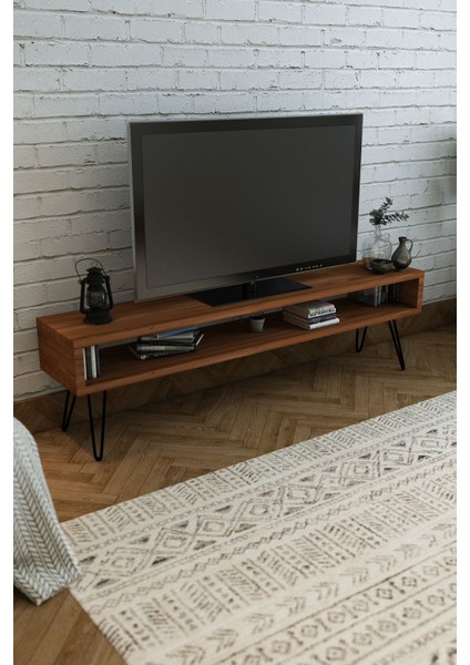 Ağaç Tv Ünitesi Teak Renk Metal Ayaklı 170X35