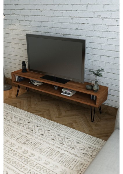 Ağaç Tv Ünitesi Teak Renk Metal Ayaklı 170X35