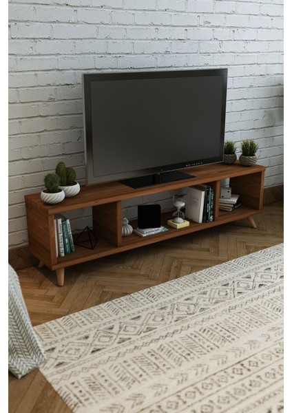 Ağaç Tv Ünitesi Teak Renk Ağaç Ayaklı 170X35