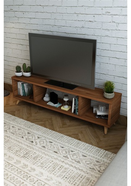 Ağaç Tv Ünitesi Teak Renk Ağaç Ayaklı 170X35