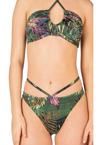 Kadın Yeşil Yaprak Desenli Parıltılı Tünelli Bikini Takımı fiyatları