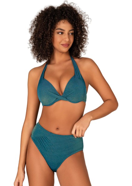 Kadın Düğüm Detaylı Destekli Simli Yeşil Bikini Takımı fırsatları