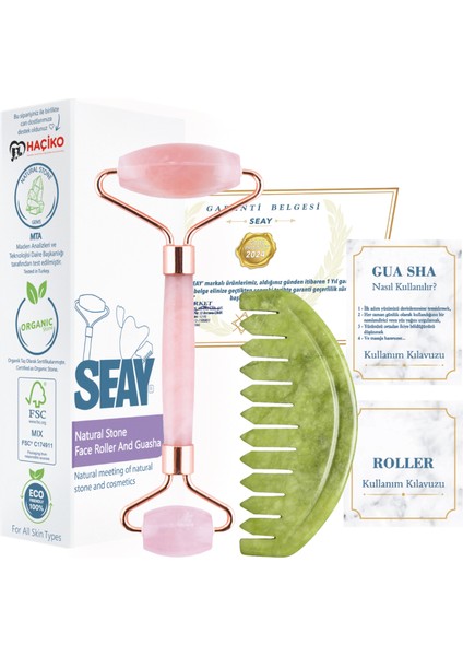 Pembe Kuvars Face Roller Ve Yeşim Tarak Gua Sha Masaj Aleti Doğal Taş Sertifikalı