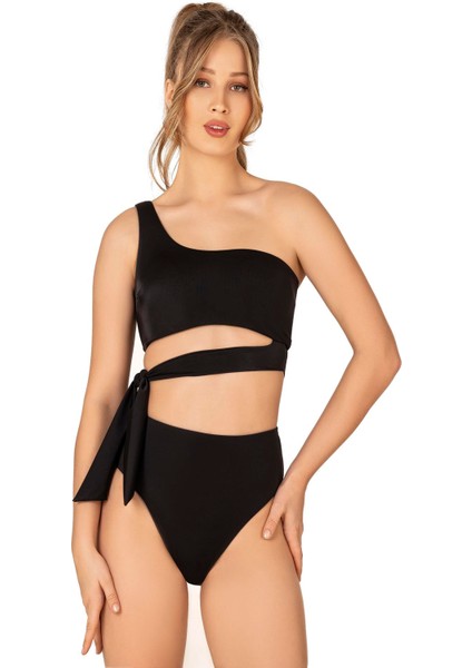 Kadın Yüksek Bel Yan Bağlama Detaylı Siyah Bikini Takımı