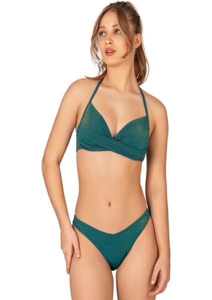 Kadın Yarım Dolgulu V Alt Detaylı Simli Bikini Takımı