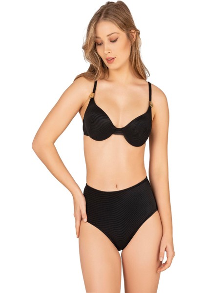 Kadın Yüksek Bel Aksesuarlı Fitilli Dokulu Bikini Takımı