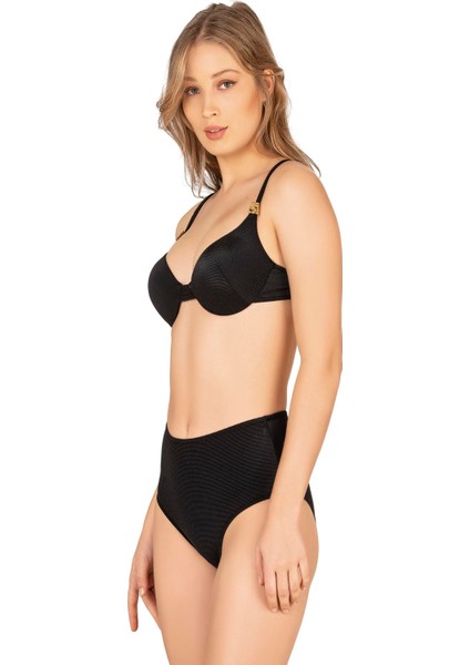 Kadın Yüksek Bel Aksesuarlı Fitilli Dokulu Bikini Takımı fırsatları