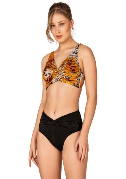 Kadın Düğüm Detaylı Kruvaze Toparlayıcı Kahverengi Bikini Takımı