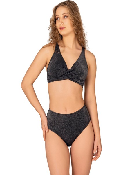 Kadın Siyah Simli Toparlayıcı Yüksek Bel Bikini Takımı