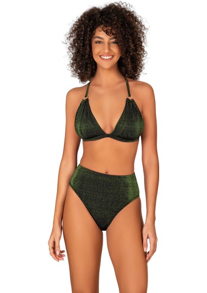 Kadın Halka Aksesuarlı Yüksel Bel Simli Bikini Takımı