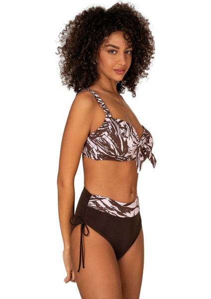 Kadın Büyük Beden Balenli Destekli Kahverengi Beyaz Desenli Bikini Takımı modelleri