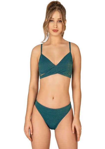 Kadın Çapraz Detaylı Simli Yeşil Bikini Takımı