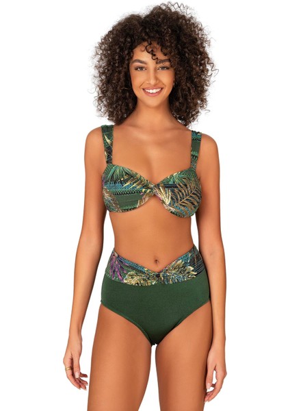 Kadın Yeşil Yaprak Desenli Parıltılı Yüksek Bel Bikini Takımı