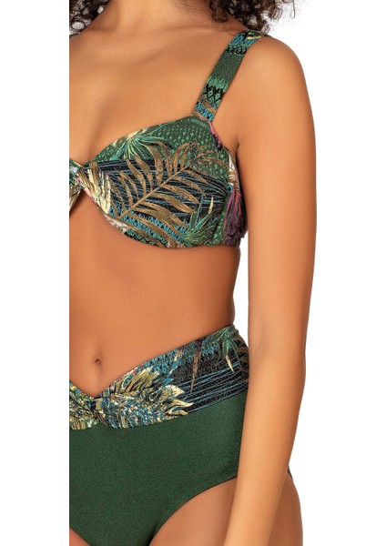 Kadın Yeşil Yaprak Desenli Parıltılı Yüksek Bel Bikini Takımı fiyatları