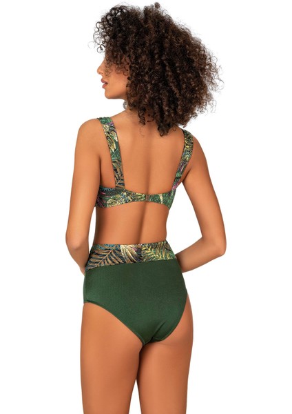 Kadın Yeşil Yaprak Desenli Parıltılı Yüksek Bel Bikini Takımı modelleri